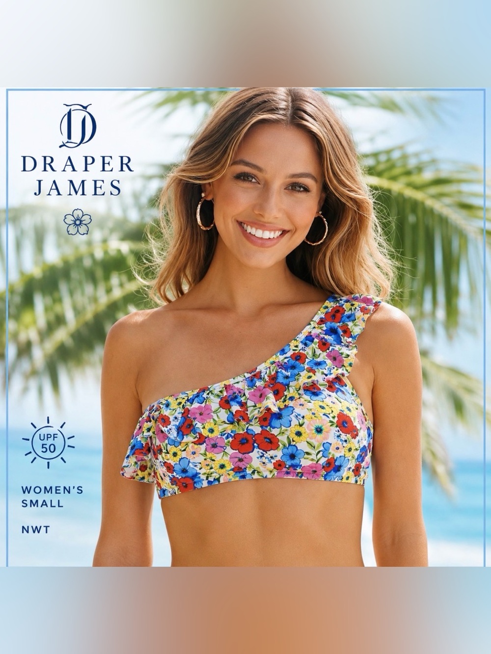 Draper James Floral One Shoulder Ruffle Bikini Top Womens Small UPF 50 NWT Beach